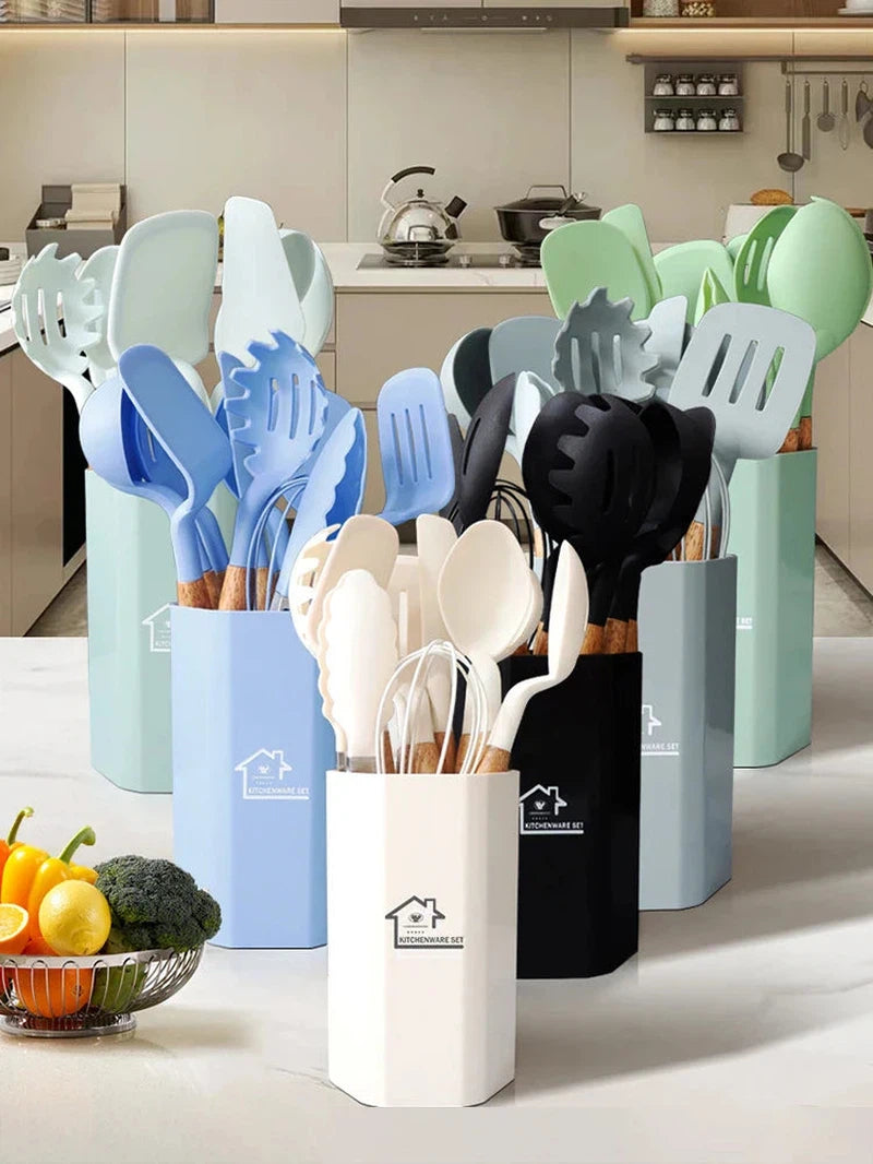 11-piece silicone cooking utensils set with wooden handles in multiple colors, eco-friendly kitchen tools.