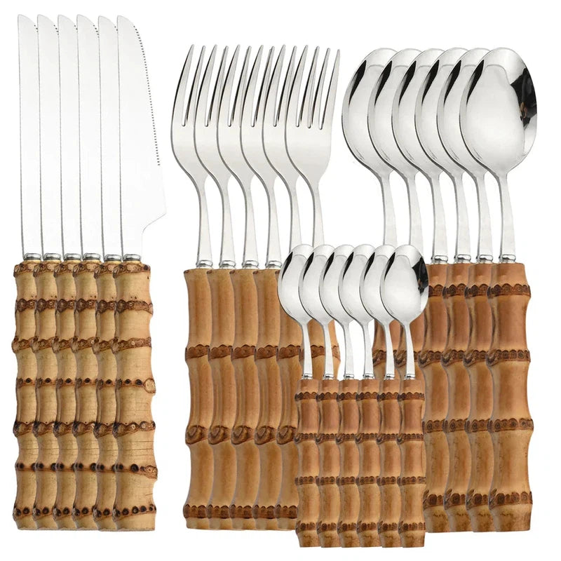 6/24 piece bamboo handle stainless steel flatware set with knives, forks, spoons, and cutlery rack.