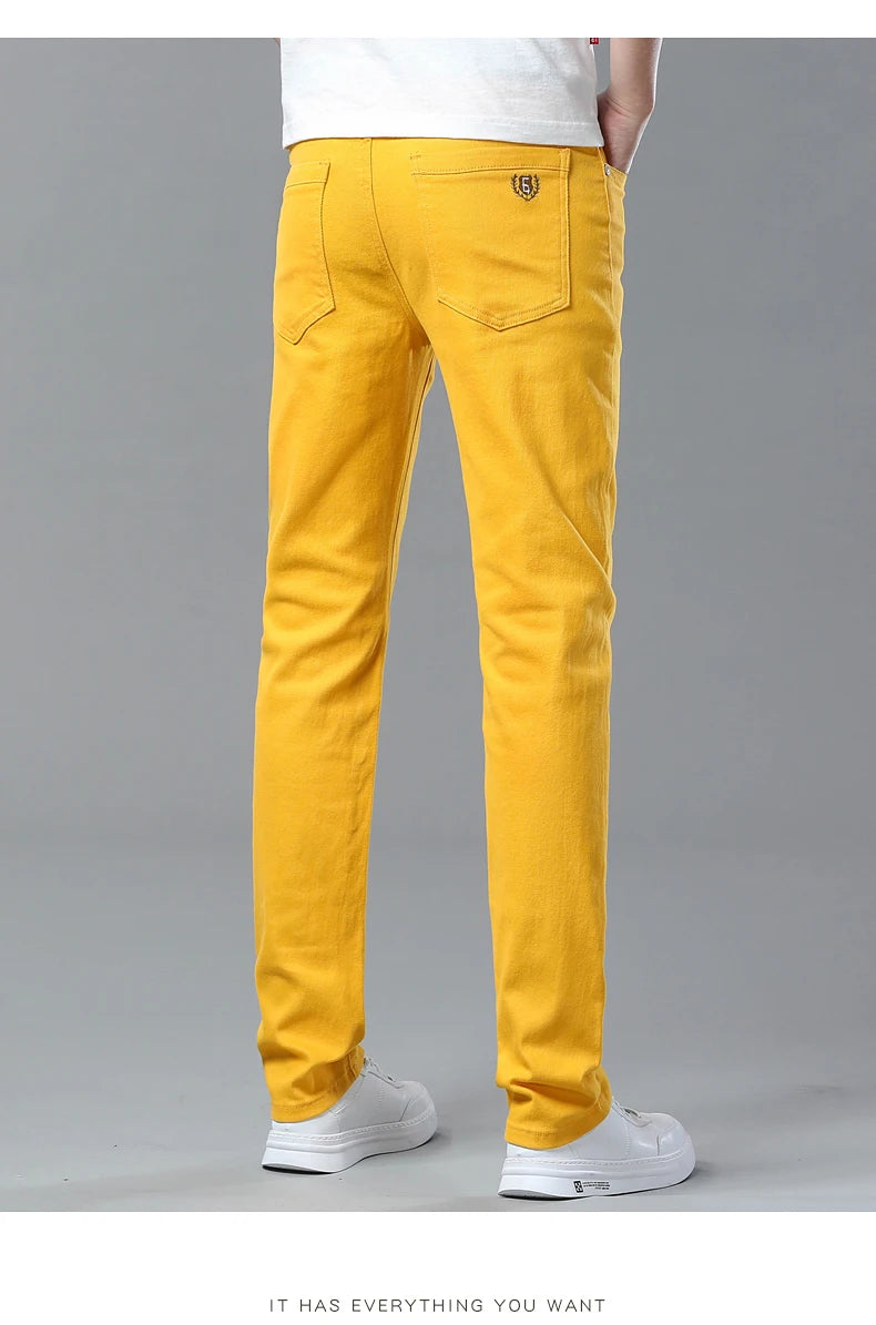 Men's Jeans Casual  Pant Stretch Skinny Jeans New Elastic Yellow Pink Red Slim Male Clothing Solid Color Simple Business Trousers