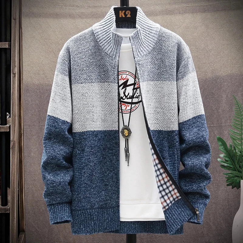 Cardigan Sweater Men Autumn Winter Fleece Zipper Sweaters Velvet Contrast Striped Sweater Coats Casual Jackets