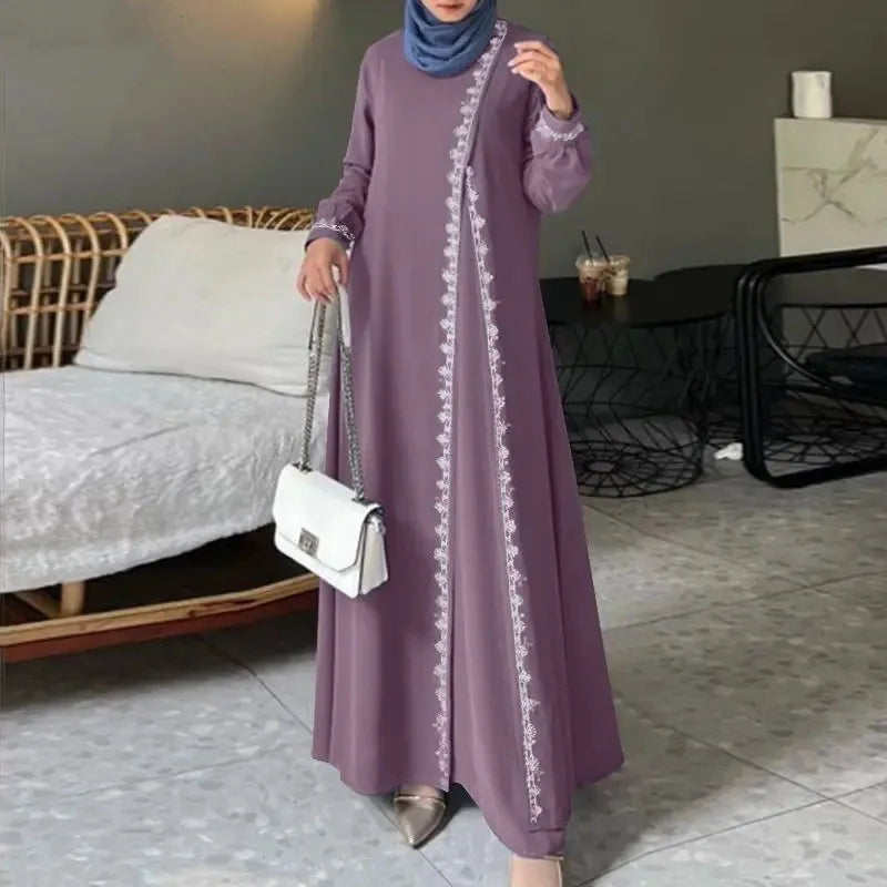 Abaya Muslim Fashion Long Sleeve O Neck Abaya Women Elegant Lace Patchwork Long Dresses