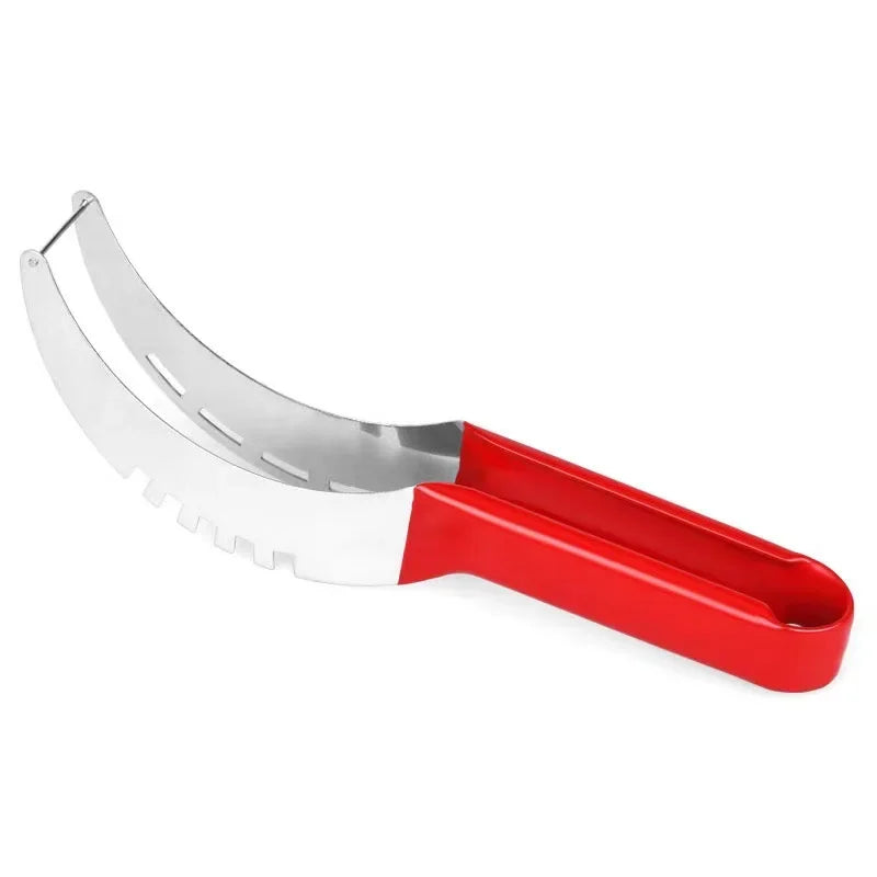 Watermelon slicer with non-slip red handle and stainless steel blade for safe fruit cutting.