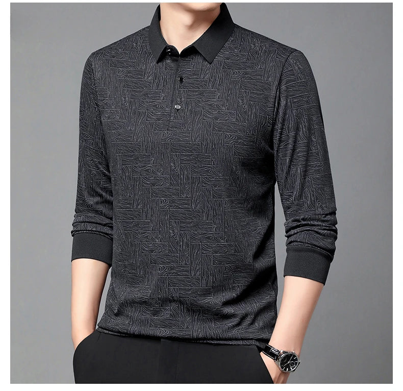 Men's Polo Shirt Hollow Printing Lapel Long-sleeved Business Fashion Male T-Shirt Golf Bottoming Shirt Top