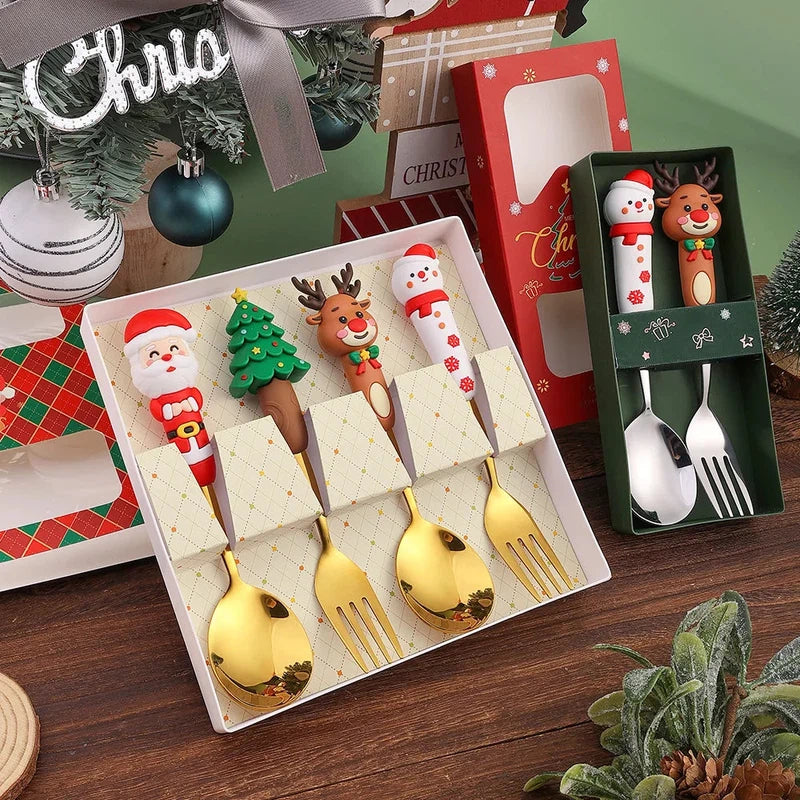 4-piece Christmas cutlery set with creative cartoon doll designs, includes stainless steel dessert spoons and forks, perfect for coffee and fruit.