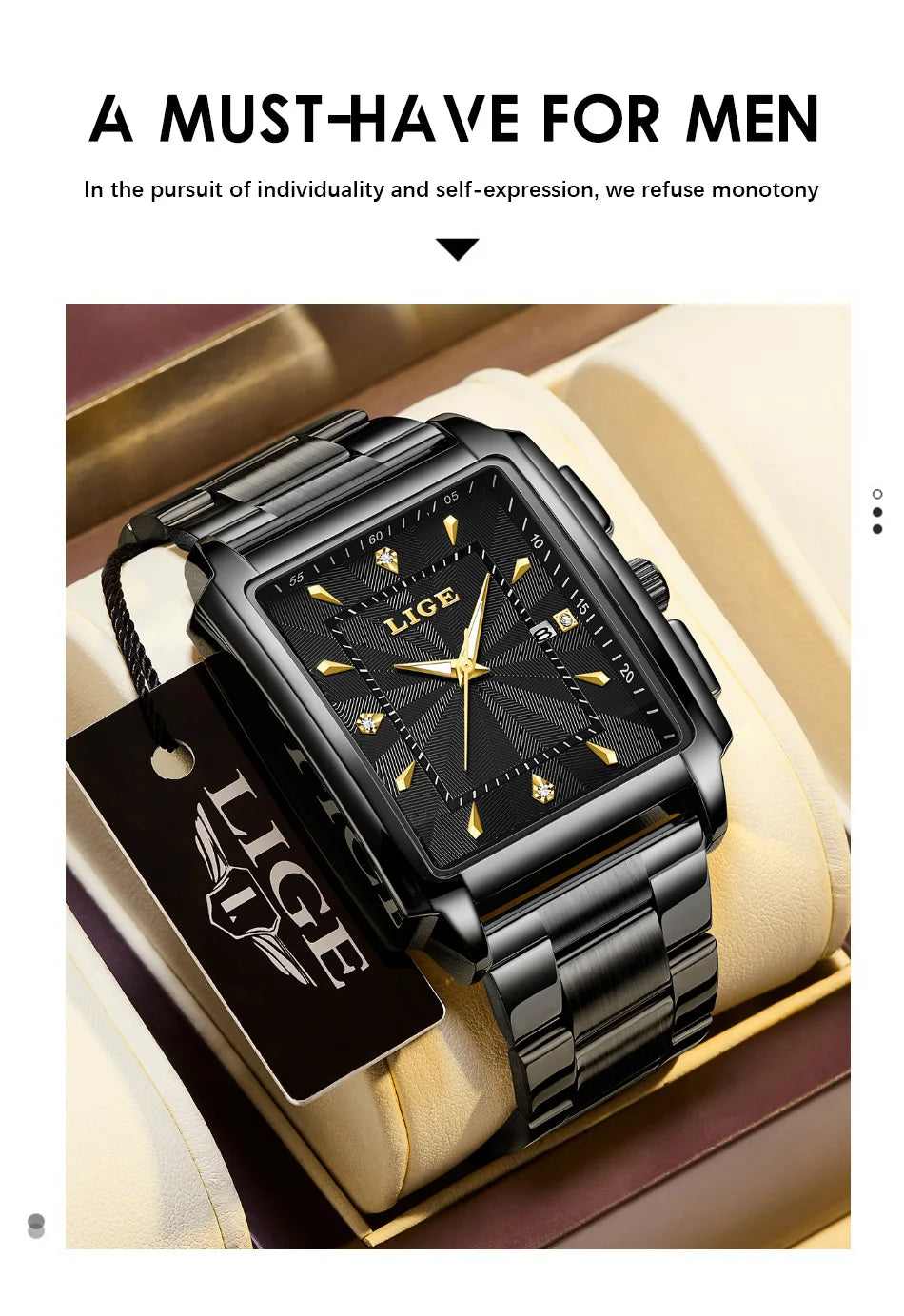 LIGE Gold Watch Men Square Mens Clock Top Brand Luxury Quartz Watches Stainless Steel Waterproof Wristwatch Relogio Masculino