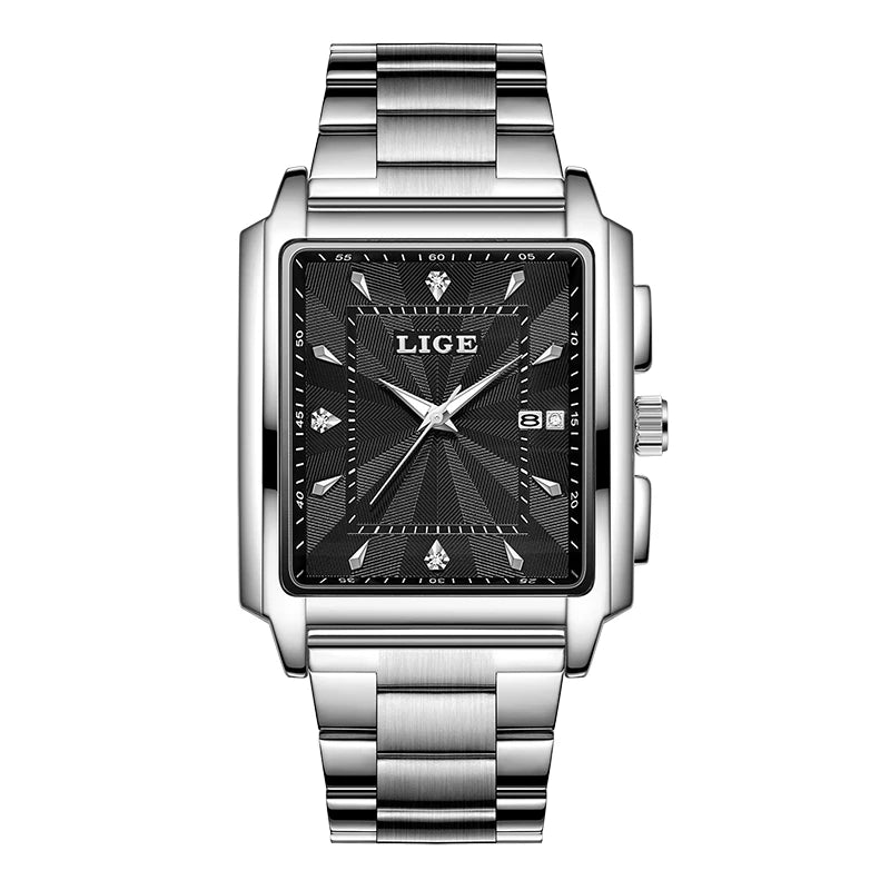 LIGE Gold Watch Men Square Mens Clock Top Brand Luxury Quartz Watches Stainless Steel Waterproof Wristwatch Relogio Masculino