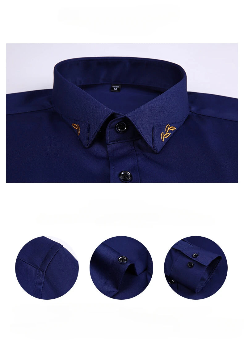 Men's Shirt  Long-sleeved Lite Embroidered Business Shirt Classic Slim Formal Male Brand Dress