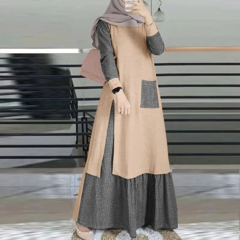 Abaya for Muslim Women Patchwork Long Sundress Robe ZANZEA Long Sleeve Vintage Muslim Plaid Dress