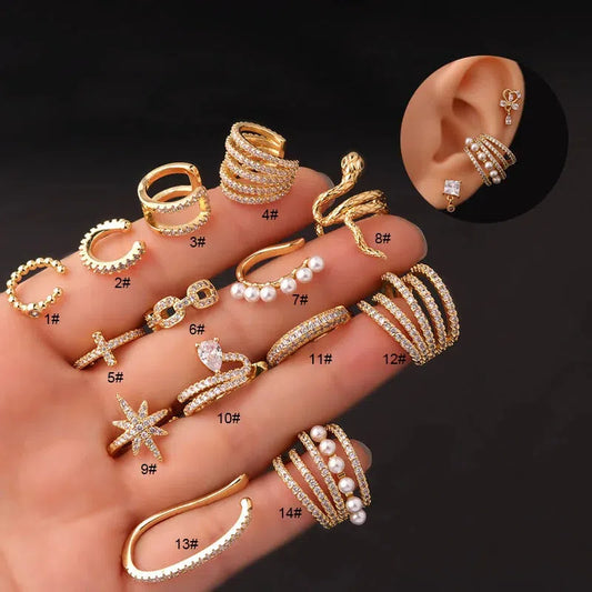 1pc Golden Stainless Steel Pearl Earrings Fake Piercing Ear Clip Cuffs Ring Artificial Jewelry