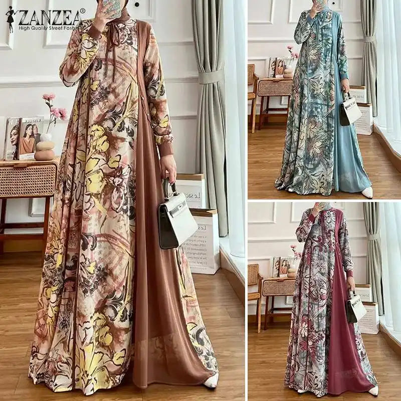 Abaya Muslim Fashion Long Sleeve O Neck Abaya Robes ZANZEA Women Elegant Floral Printed Patchwork Long Dresses