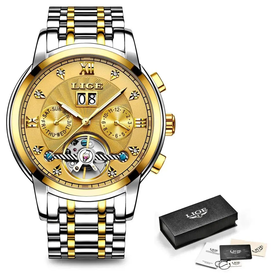 LIGE 2024 Top Brand Luxury Tourbillon Watch Men Fashion Sport Men's Mechanical Wristwatches Casual Waterproof Automatic Watch