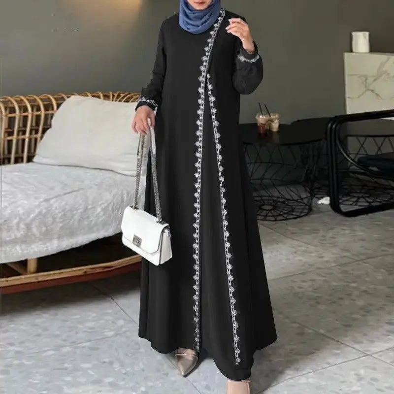 Abaya Muslim Fashion Long Sleeve O Neck Abaya Women Elegant Lace Patchwork Long Dresses