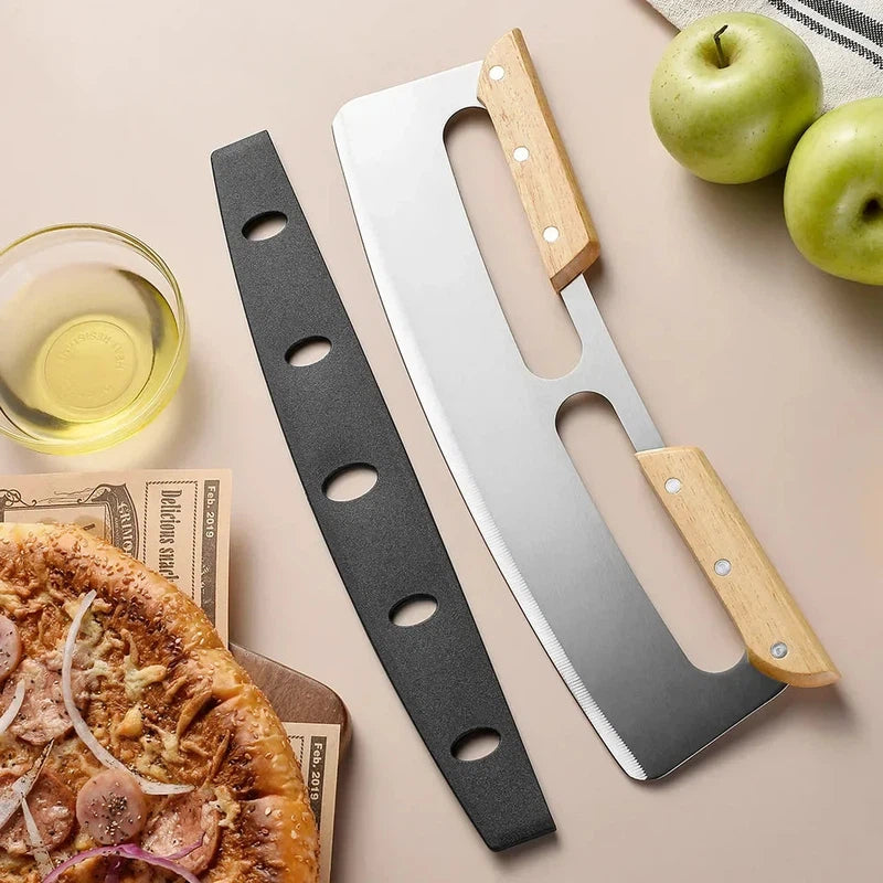 14-inch stainless steel pizza cutter with wooden handles and protective cover.