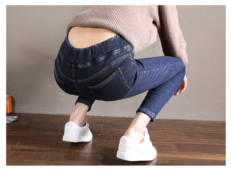 Women Jean Casual Thick Thermal  Winter New Skinny Stretch waist Jeans Fleece Pencil Pants Plush Warm Trousers