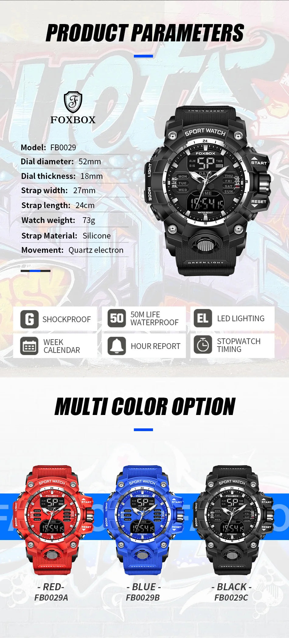 FOXBOX Waterproof Watches for Men Luxury Sport Chronograph Alarm Wristwatch Military Quartz Clock Digital Male Watch Student