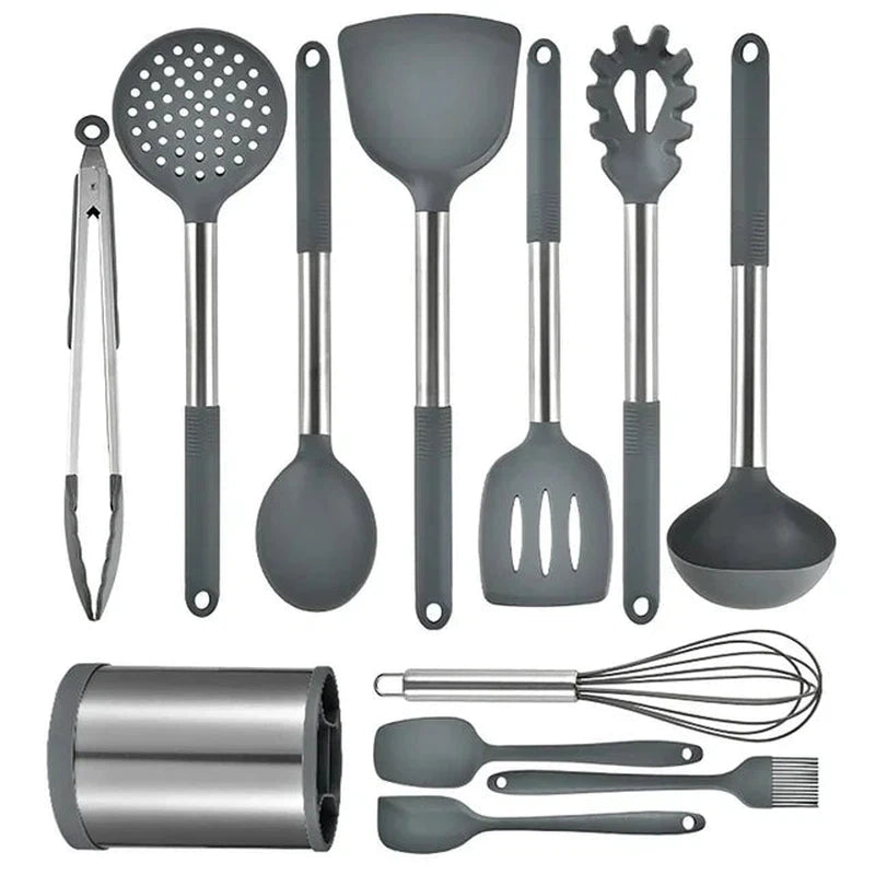 12-piece silicone kitchenware set with non-stick stainless steel utensils and rotating storage bucket, featuring an eggbeater.