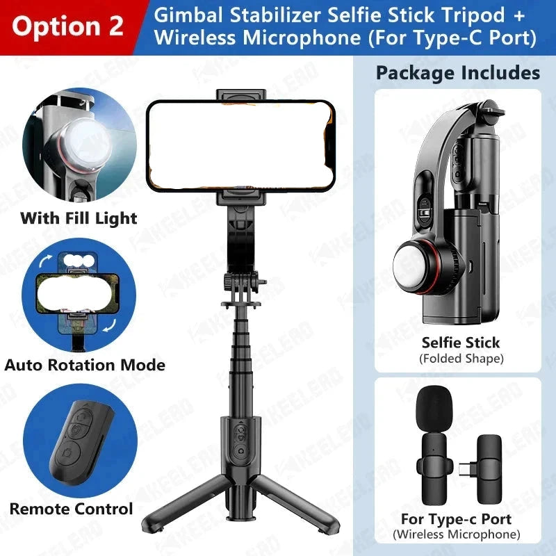 Selfie stick tripod with fill light gimbal stabilizer and Bluetooth remote, extendable for smartphones.