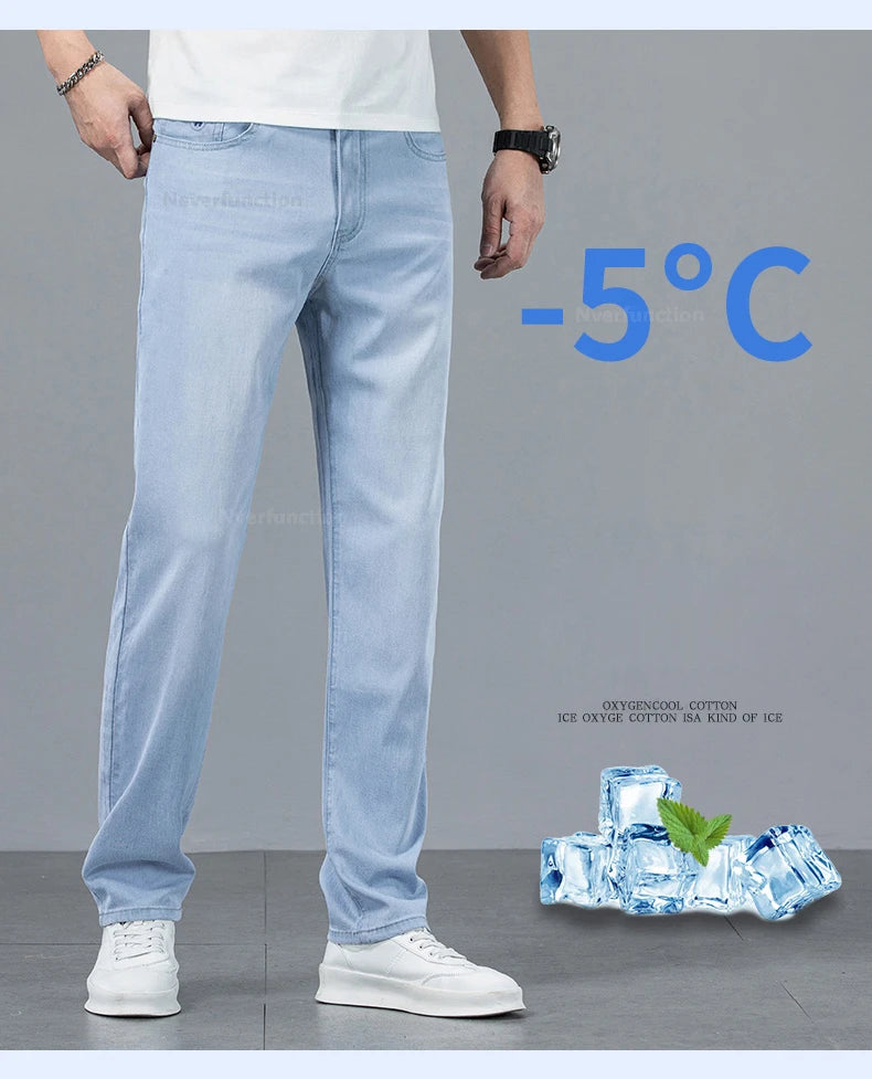 Men's Jean Pant Ultra-thin Light Blue Lyocell Fabric Breathable Loose Straight Business Casual Male Denim Trousers