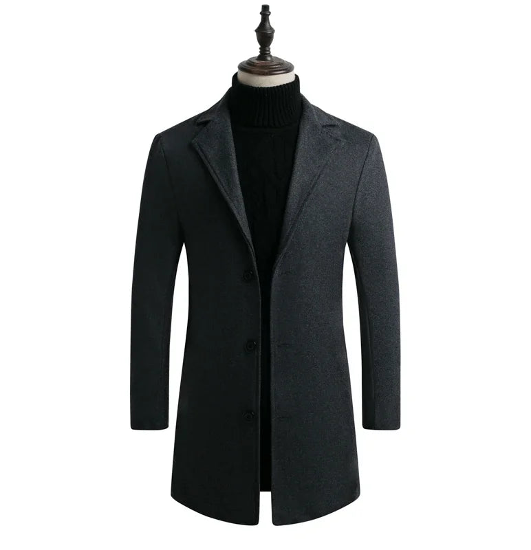 Long Cotton Coat New Wool Blend Jacket Spring Autumn Pure Color Casual Business Fashion Men's Clothing Slim Windbreaker