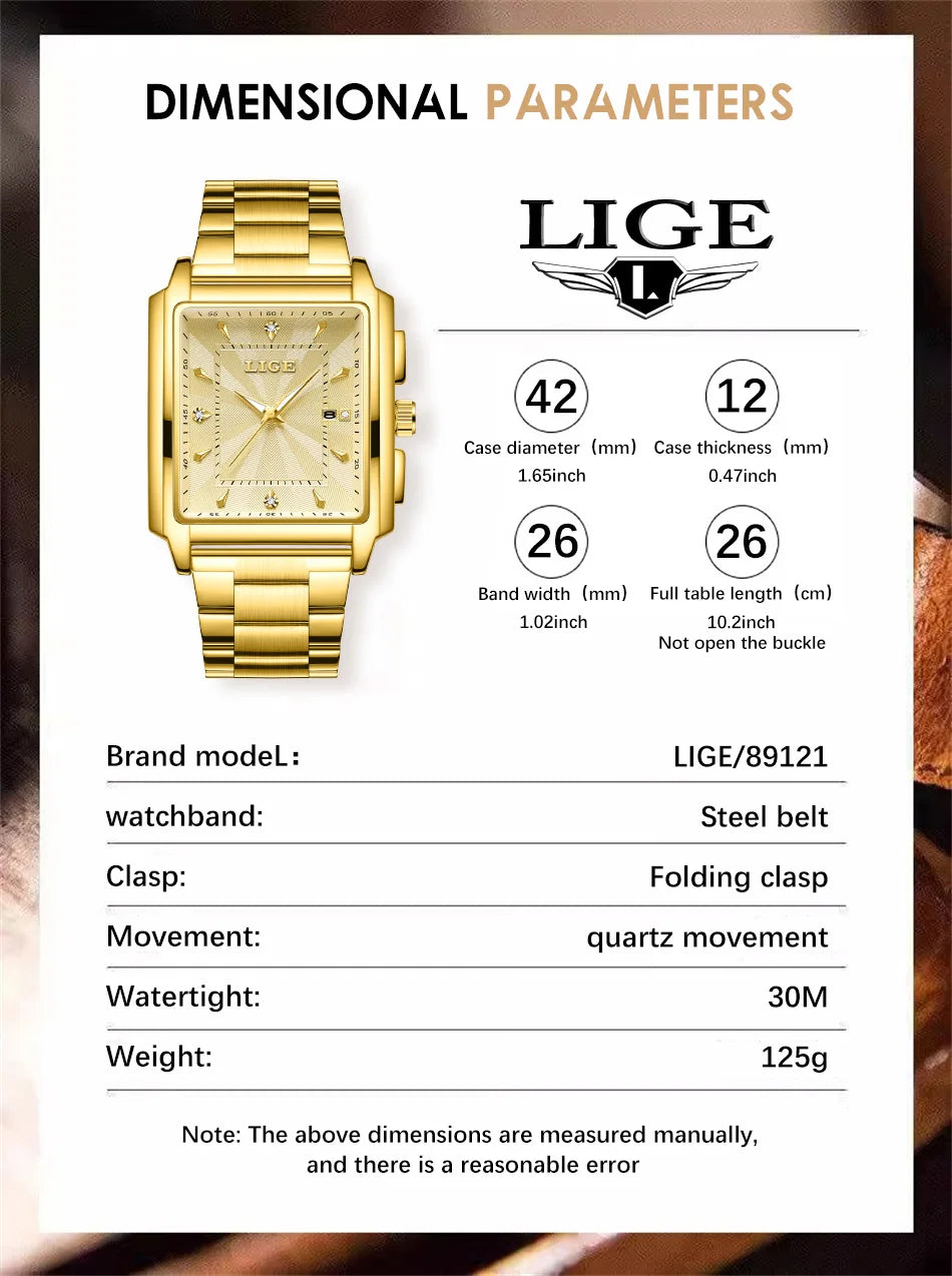 LIGE Gold Watch Men Square Mens Clock Top Brand Luxury Quartz Watches Stainless Steel Waterproof Wristwatch Relogio Masculino