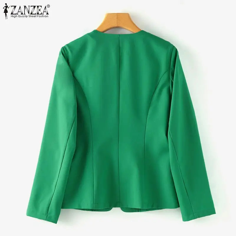 Women Blazer by ZANZEA Women Elegant OL Jackets Casual Slim Outwear Solid Lapel Neck Long Sleeve Work Thin Coats