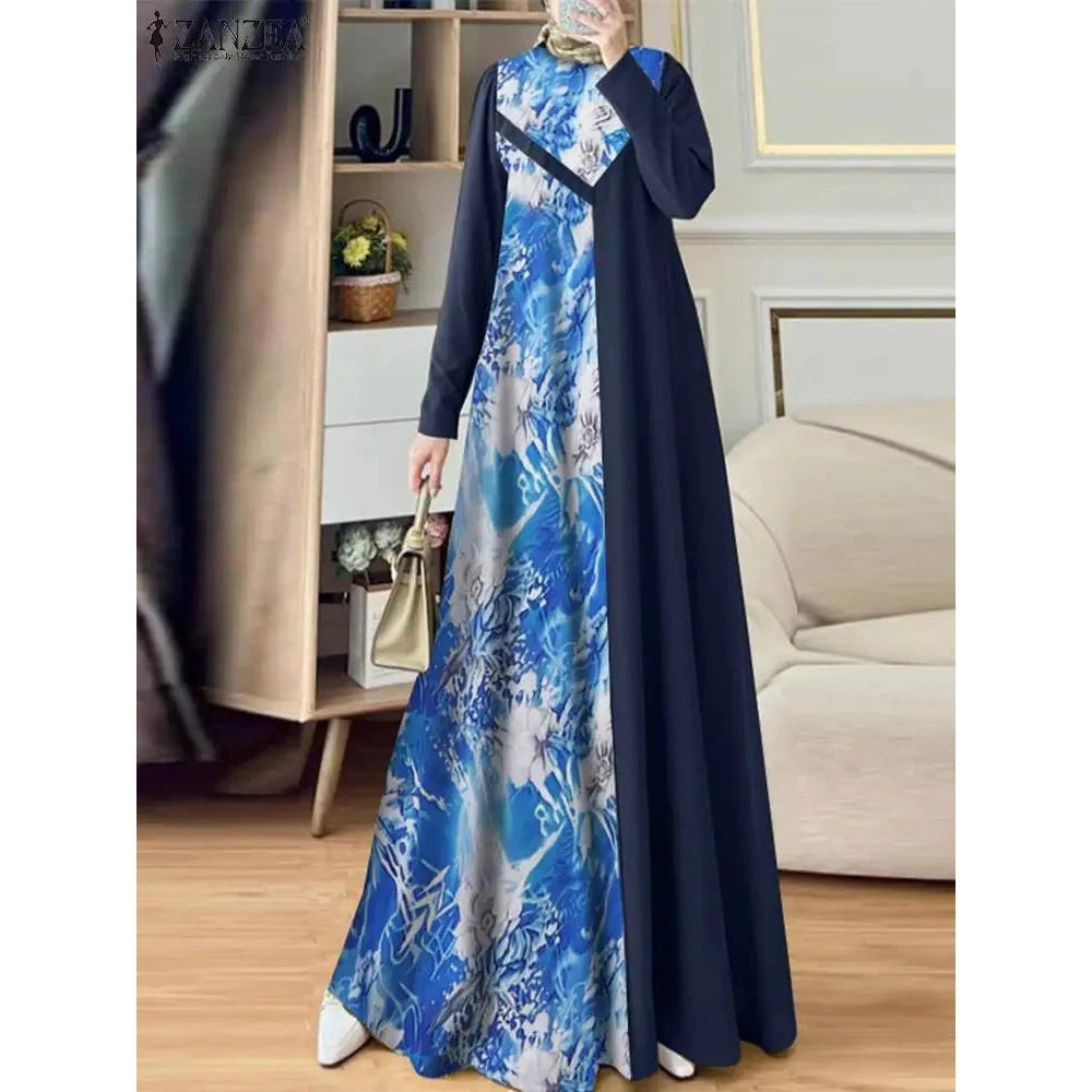 Abaya Muslim Fashion Long Sleeve O Neck Abaya Robes ZANZEA Women Elegant Floral Printed Patchwork Long Dresses