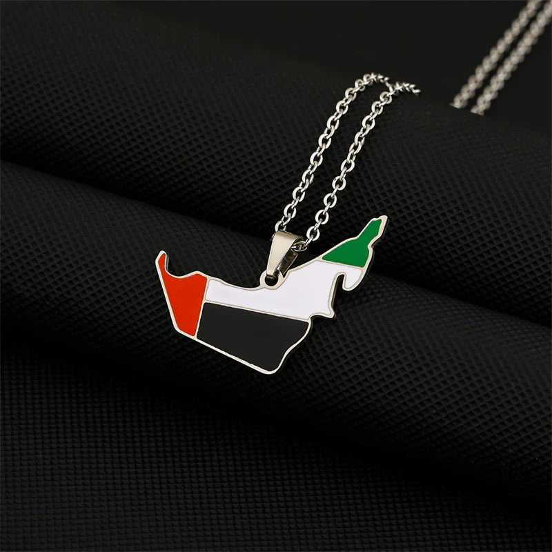 Gold and silver plated UAE map flag pendant necklace for women and men in stainless steel, suitable for parties.