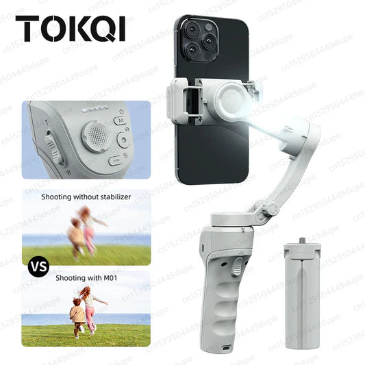 TOKQI M01 Handheld 3-Axis Gimbal stabilizer with anti-shake feature, smartphone attached showing video stabilization comparison.