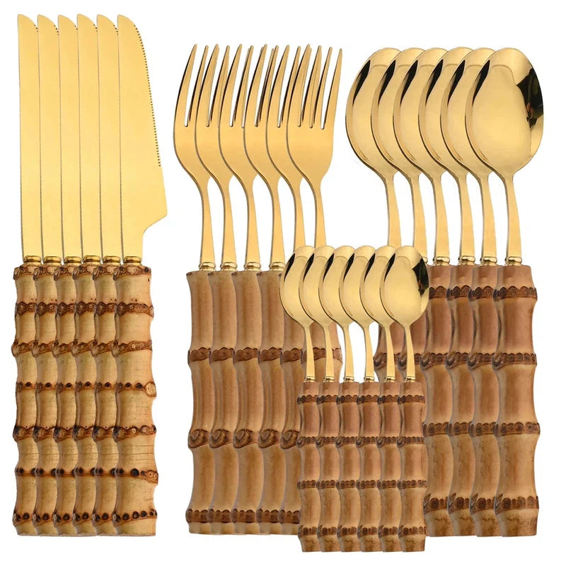 6/24Pcs bamboo handle stainless steel dinnerware set with knife, fork, spoon, and luxury cutlery rack.