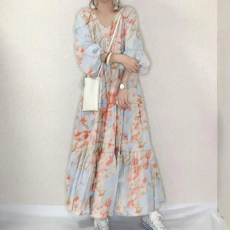 Women Long Causal Dress ZANZEA Fashion Floral Printed Autumn Long Sleeve Loose Holiday Sundress Robe