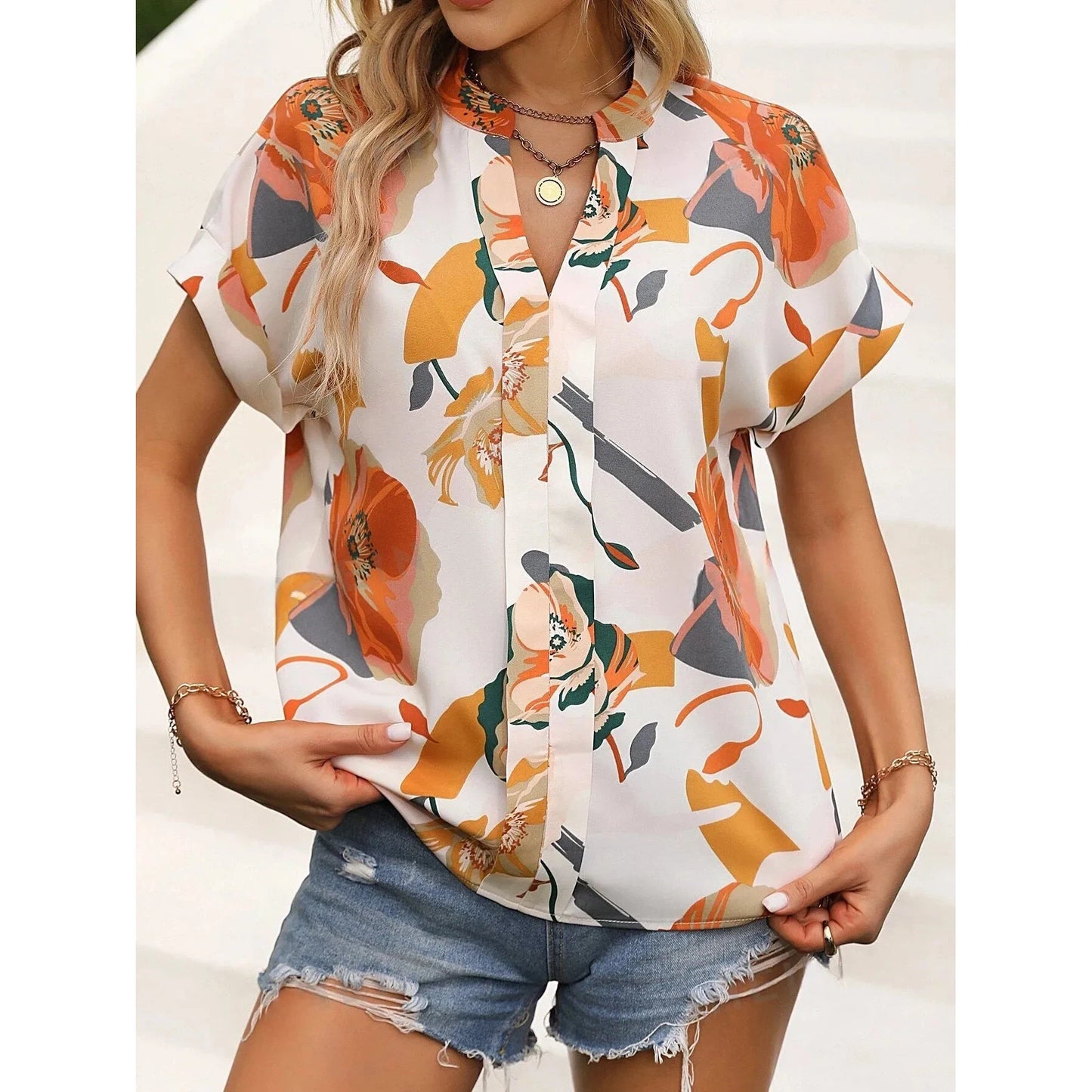 Women Blouse Flora Print Notched Neck Batwing Sleeve Blouse, Ladies Tops Shirts