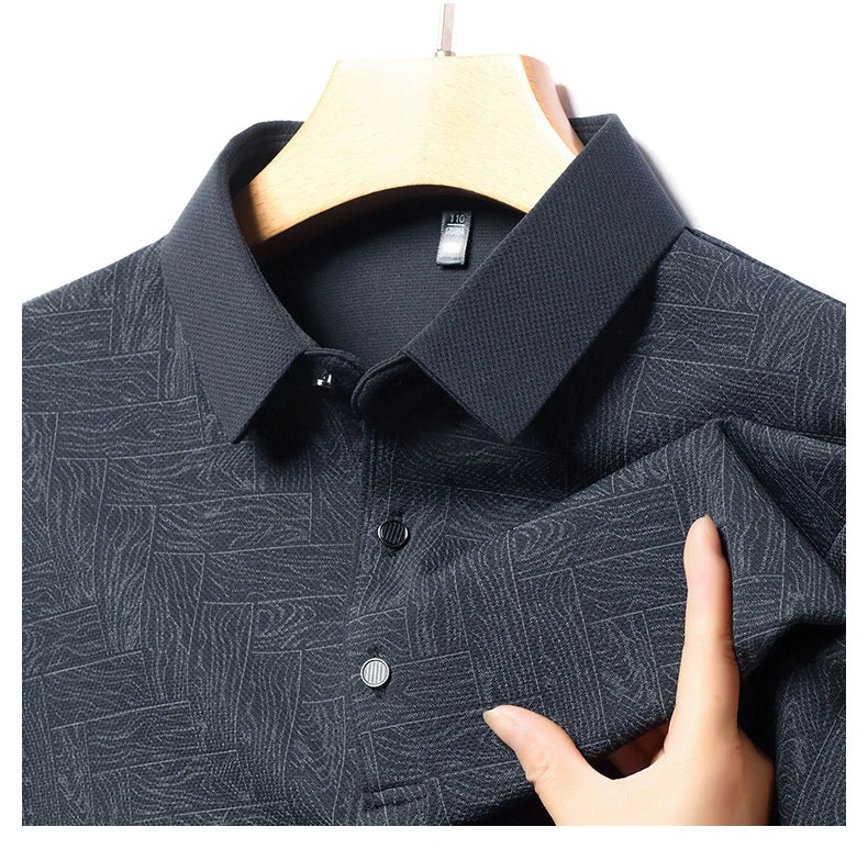 Men's Polo Shirt Hollow Printing Lapel Long-sleeved Business Fashion Male T-Shirt Golf Bottoming Shirt Top