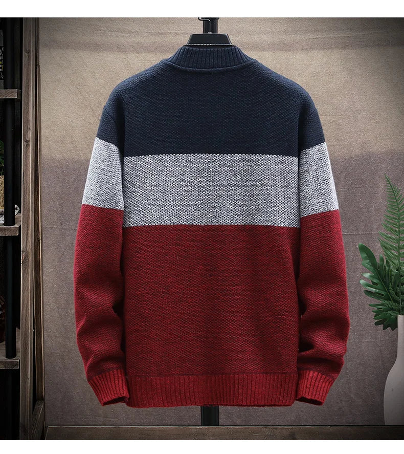 Cardigan Sweater Men Autumn Winter Fleece Zipper Sweaters Velvet Contrast Striped Sweater Coats Casual Jackets