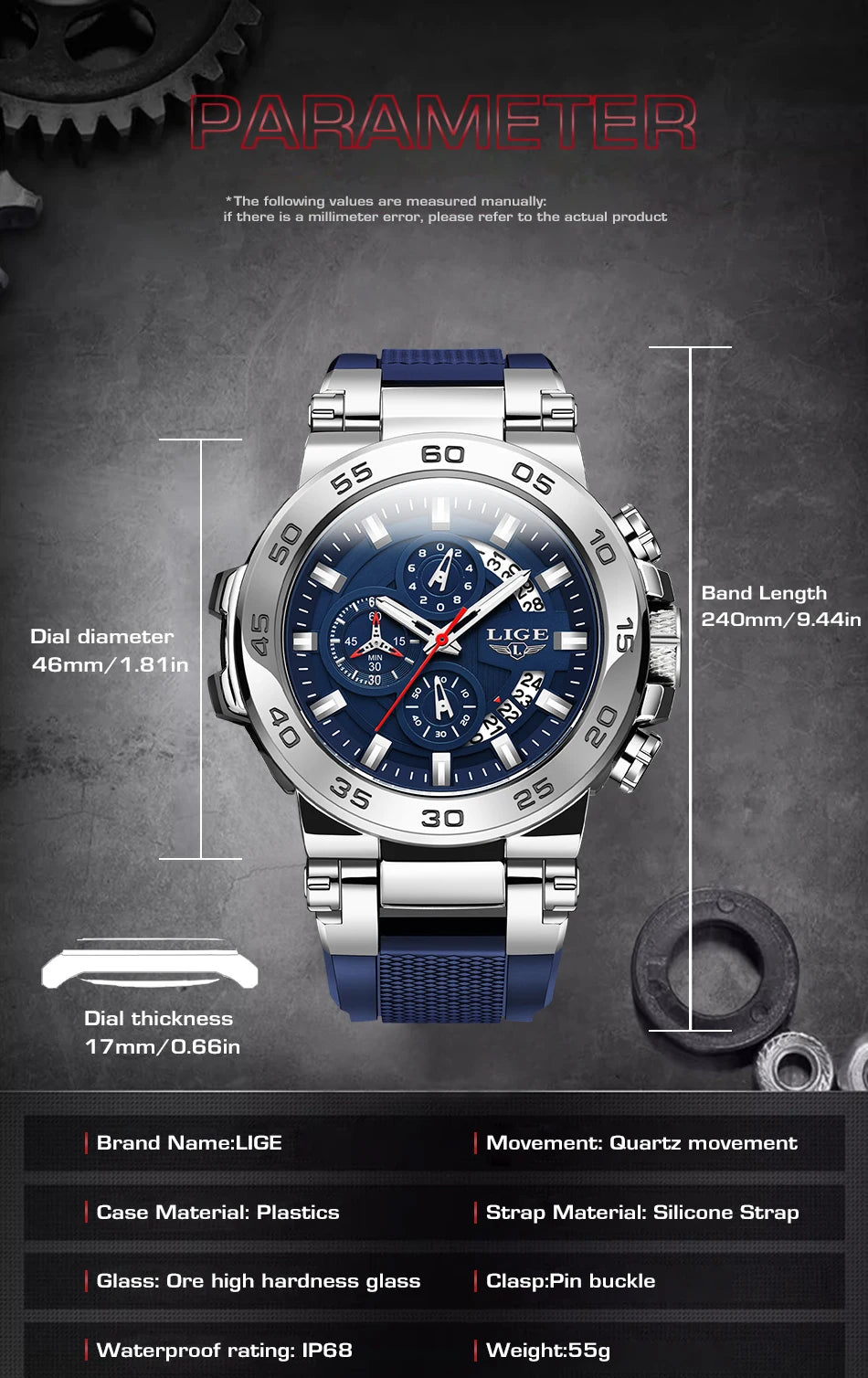 LIGE New Men's Watches Top Luxury Brand Big Dial Watch Men Waterproof Quartz Wristwatch Sport Chronograph Clock