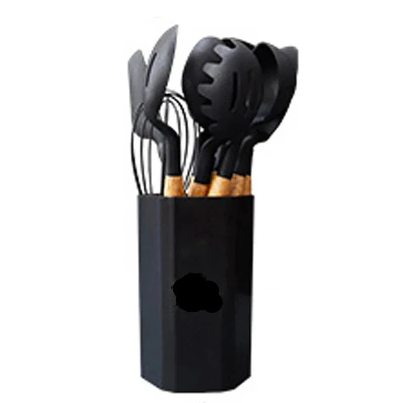 11-piece silicone cooking utensils set with wooden handles in a holder.