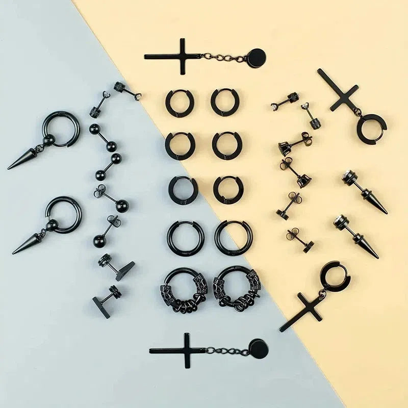 16 pairs Punk Stainless Steel Stud Earrings Black Earrings Set For Men Women Vintage Hip Hop Piercing Ear Jewelry Accessories-Yes Yar FZE LLC-16 pair set-Yes Yar FZE LLC