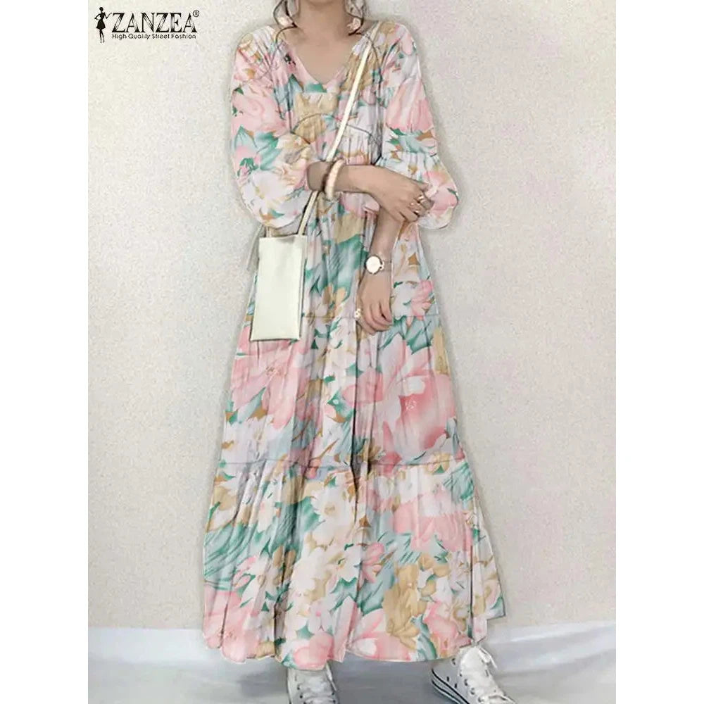 Women Long Causal Dress ZANZEA Fashion Floral Printed Autumn Long Sleeve Loose Holiday Sundress Robe