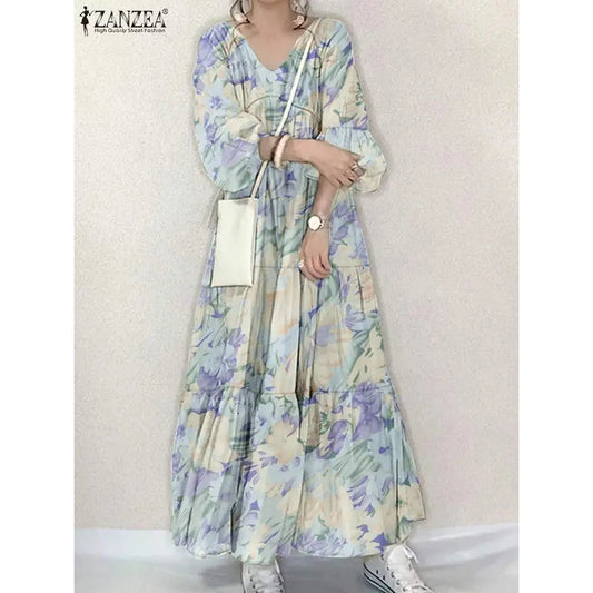 Women Long Causal Dress ZANZEA Fashion Floral Printed Autumn Long Sleeve Loose Holiday Sundress Robe