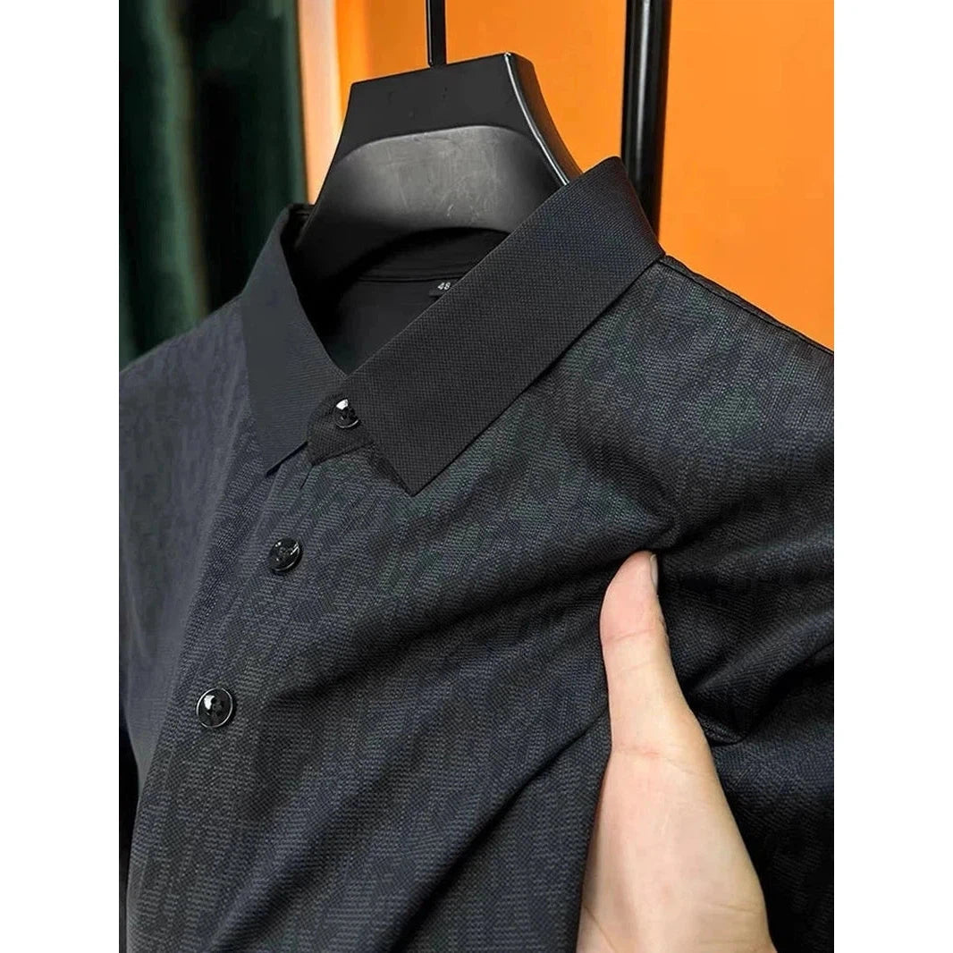 Light luxury high-end black printed men's long-sleeved polo shirt with buttons.