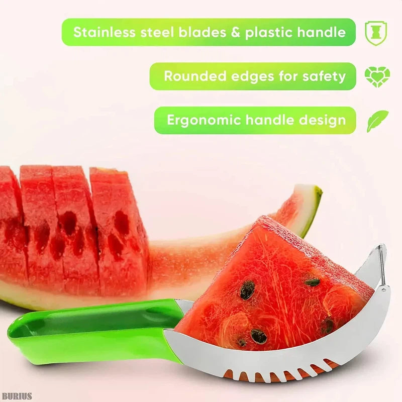 Watermelon slicer with stainless steel blade and ergonomic non-slip plastic handle, ideal for safely cutting fruit like cantaloupes in the kitchen.