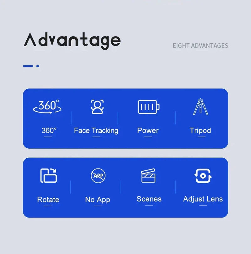 AI Tracking Gimbal 360 Rotation Desktop Handheld Stabilizer Features: 360° rotation, face tracking, power supply, tripod compatibility, rotation, no app needed, multiple scenes, lens adjustment.