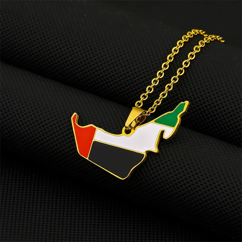 Gold-plated UAE map flag charm necklace, stainless steel, suitable for party jewelry for men and women.