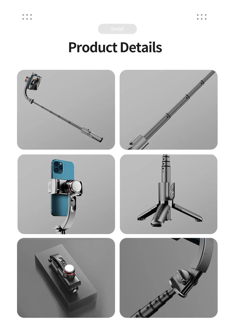 Selfie stick tripod with fill light, gimbal stabilizer, and Bluetooth remote for smartphones.