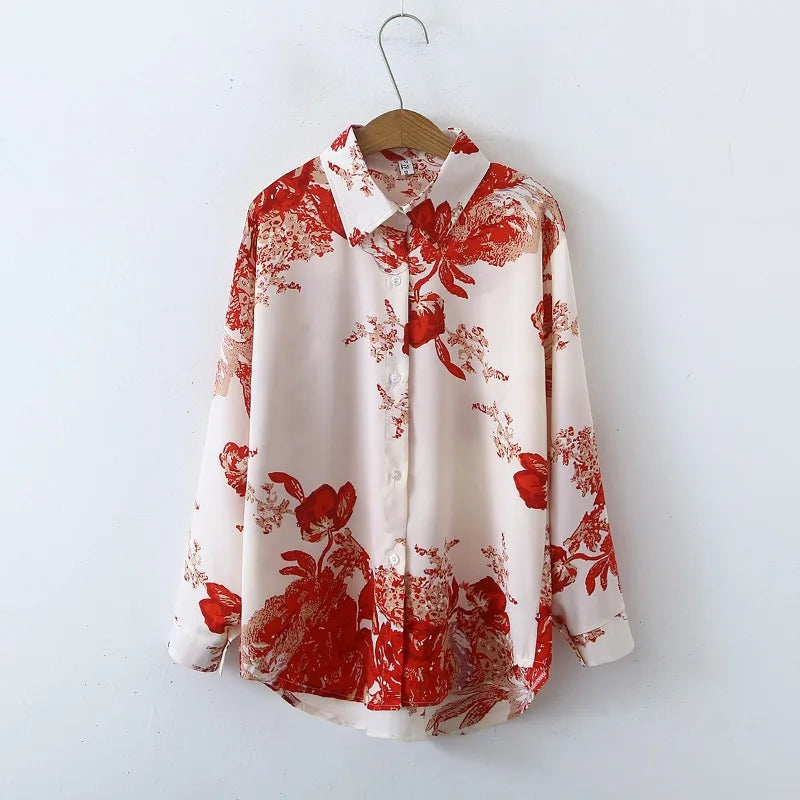 Floral print blouse with turn-down collar, long sleeves, and casual fit for women.