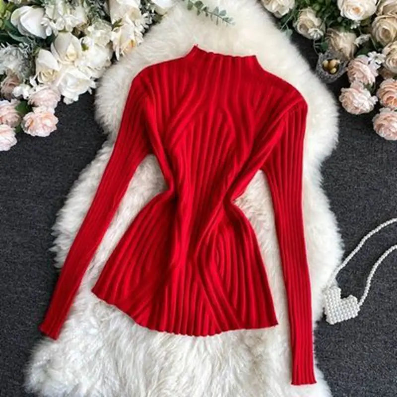 Women Pullover Knitted Sweater Half Turtleneck Jumper Sweater Autumn Winter Solid Slim Chic Streetwear Long Sleeve