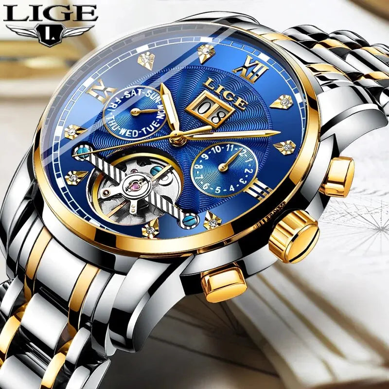 LIGE 2024 Top Brand Luxury Tourbillon Watch Men Fashion Sport Men's Mechanical Wristwatches Casual Waterproof Automatic Watch