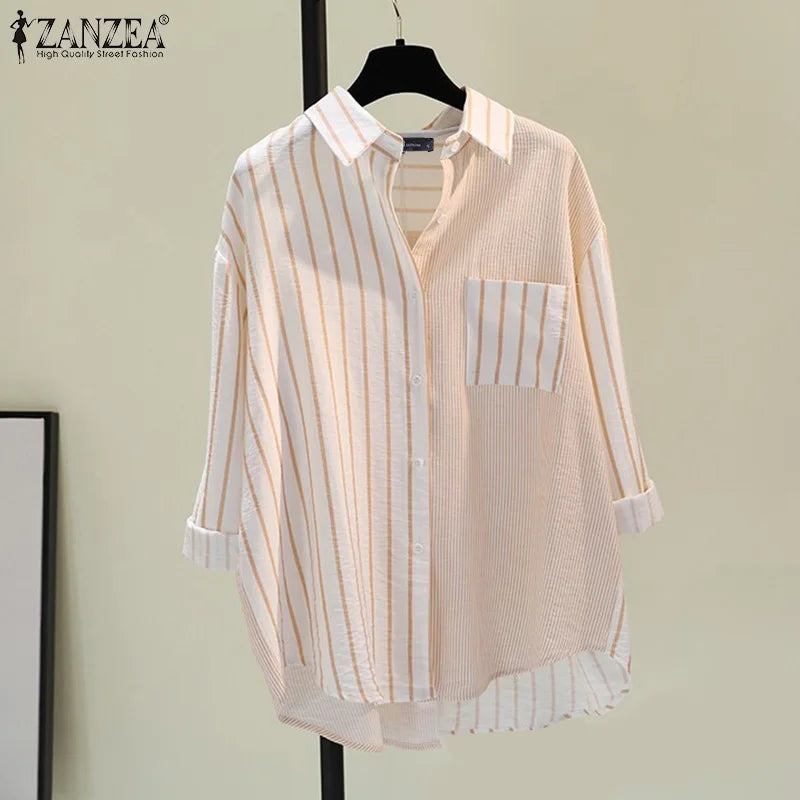 ZANZEA Women Blouse Lapel Neck Long Sleeve Striped, Spring Patchwork Tops, Stylish Casual Buttons Down Shirt Loose Blouse