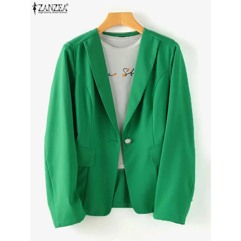 Women Blazer by ZANZEA Women Elegant OL Jackets Casual Slim Outwear Solid Lapel Neck Long Sleeve Work Thin Coats