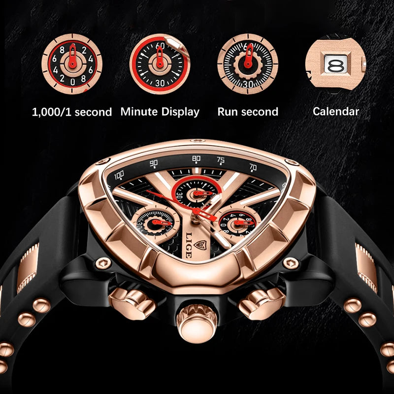 LIGE Fashion Men Watch Triangle Chronograph Military Wristwatch Sport Army Watches Luxury Waterproof Quartz Clock