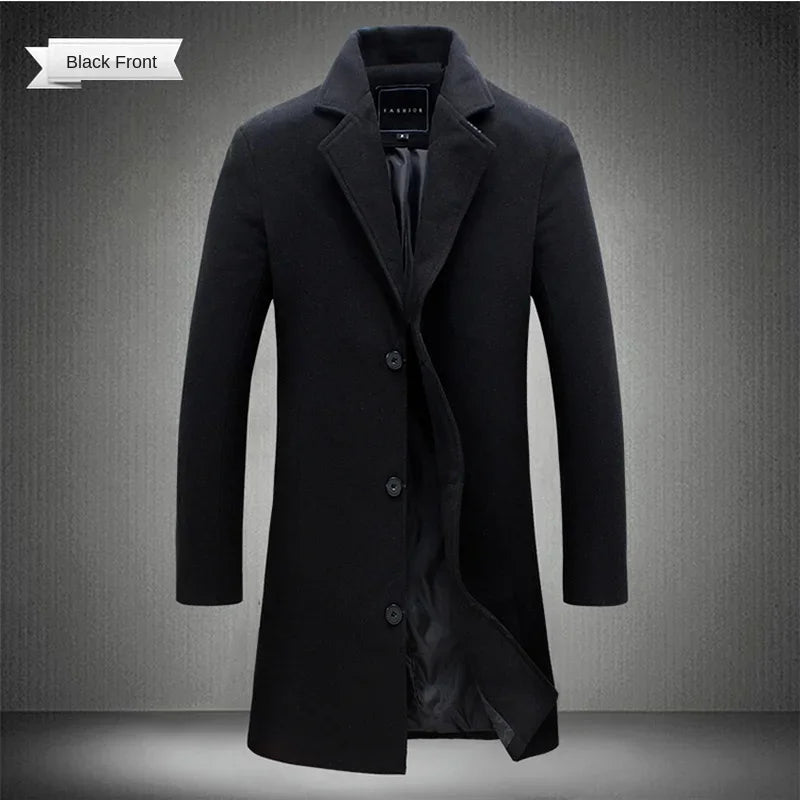 Long Cotton Coat New Wool Blend Jacket Spring Autumn Pure Color Casual Business Fashion Men's Clothing Slim Windbreaker